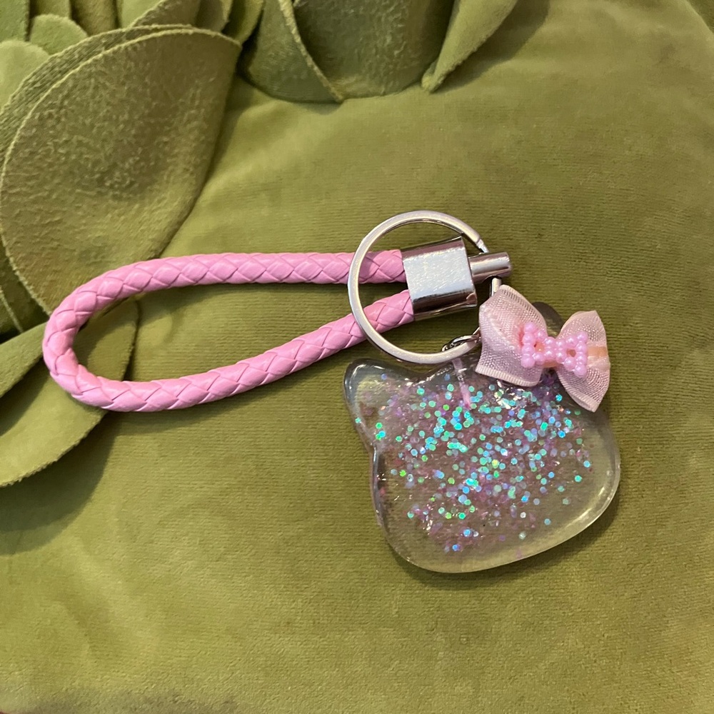 Pink Glitter Cat Leather Handmade Keychain with Bow